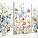 3-Pcs Framed Watercolor Daisy Flower Canvas Wall Art Colorful Plant Decor Pink Wildflower Pictures Print Farmhouse Floral Painting Wall decor for Living Room Bedroom Bathroom12x16Inch