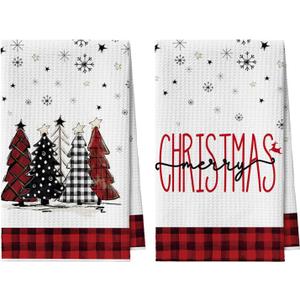 Artoid Mode Red Buffalo Plaid Xmas Tree Christmas Bar Kitchen Towels, 12x24 Inch Quick Dry Microfiber Cloth Dish Towels for Kitchen Drying Set of 2