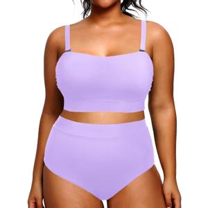 Tempt Me Women Plus Size High Waisted Bikini Bandeau Two Piece Swimsuit (Lavender, 14 Plus)