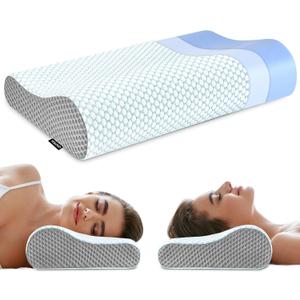 Memory Foam Pillows Neck Pillow Bed Pillow for Sleeping, Ergonomic Cervical Pillow for Neck and Shoulder Pain Relief,Orthopedic Contour Pillow for Side Back Stomach Sleeper (Blue&Grey)