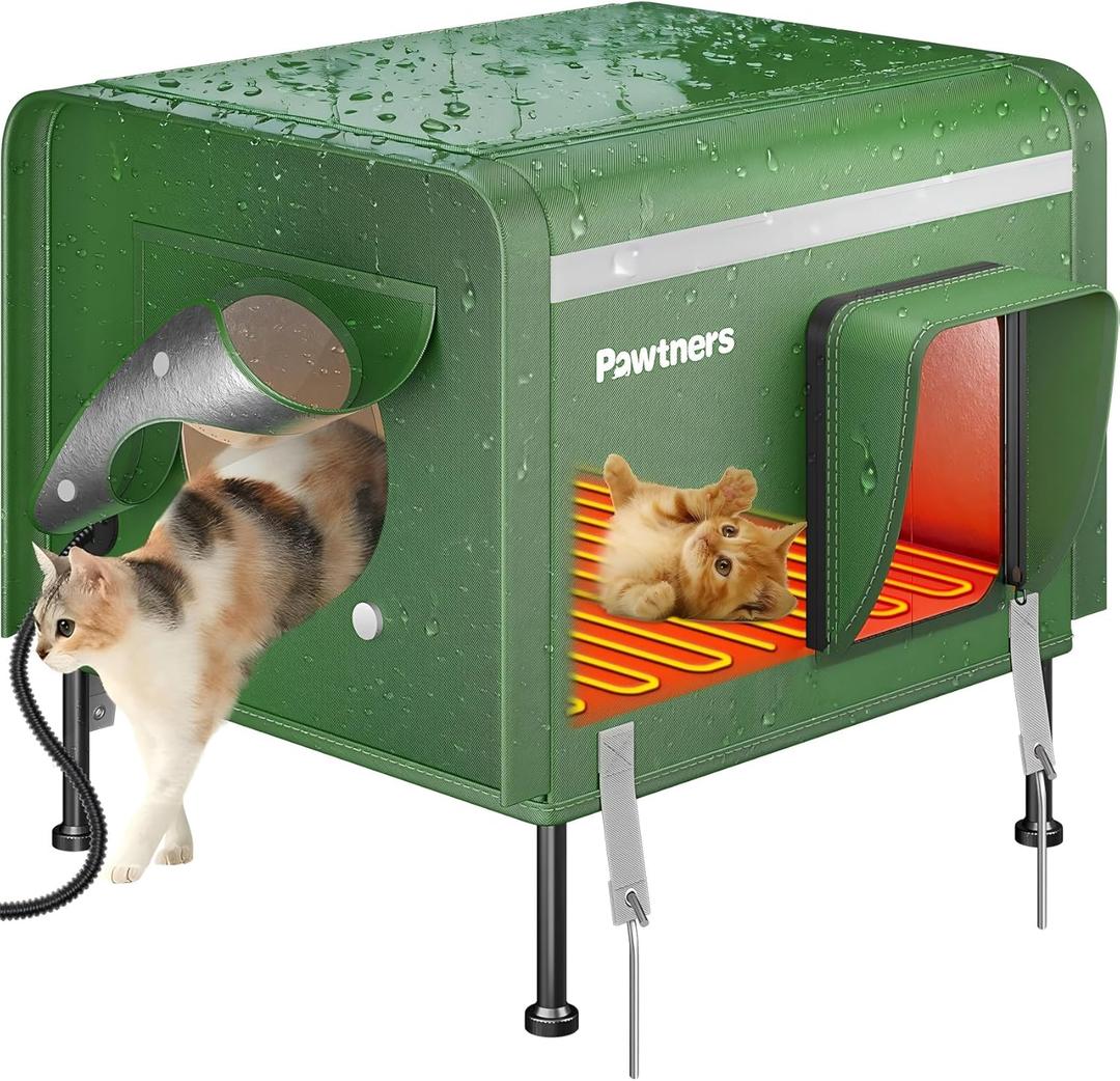 Pawtners Heated Outdoor Cat House for Outside Cats, 19'' Large Insulated Weatherproof Cat Shelter with Heated Pad, Elevated Feet & Escape Door, Warm Kitty House for Feral or Stray Cats in Winter (Green)