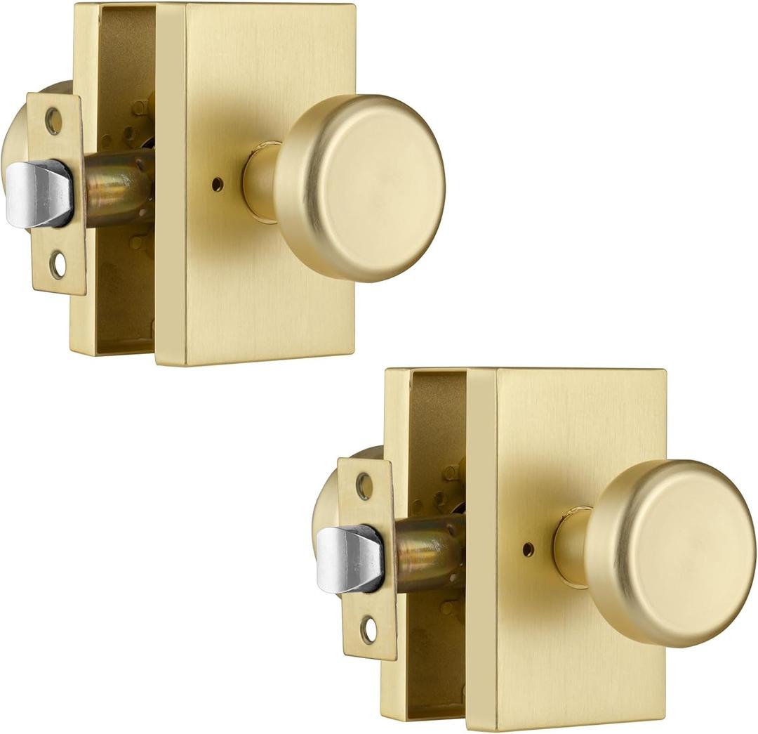 2 Pack Gold Door Knobs, Satin Brass Interior Door Handles for Bath & Bed