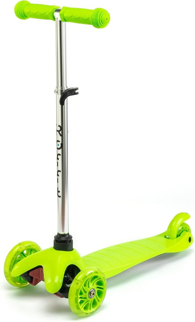 Mini-881 Kids Kick Scooter, LED Lighted Wheels and 3 Adjustable Height Handlebars, Lean-to-Steer & Widen Anti-Slip Deck, 3 Wheel Scooter Unisex for Ages 3-6 and up to 85 Lbs (Green)