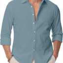 Linen Shirts for Men Casual Button Down Long Sleeve Shirt Solid Summer Beach Hawaiian Shirts (X-Large, Blue)