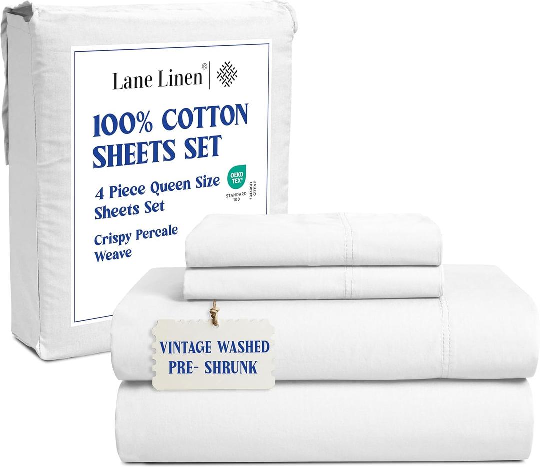LANE LINEN 100% Mercerized Cotton Pre Washed Percale Queen Size Sheet Set, Oeko Tex Certified Low Pill Fade Resistant Fully Elasticized Reinforced Seam Soft & Comfy Sheets Queen Size Bed Set-White