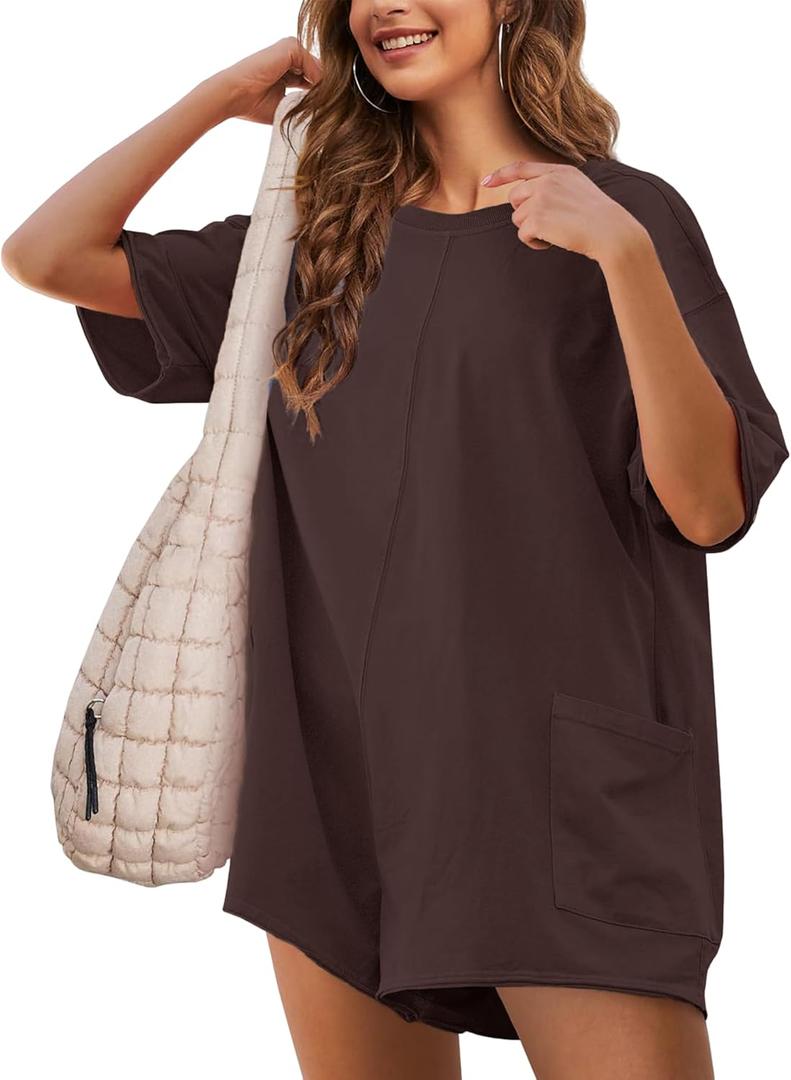 Yeokou Rompers for Women Casual Short Sleeve Oversized Athletic Workout Reversible Hot Shot Tee Romper Deep Pockets (Medium, Brown)