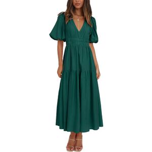 Women's Summer Deep V Neck Puff Short Sleeve Tiered Maxi Dress Flowy A Line Long Dresses (Green, L)