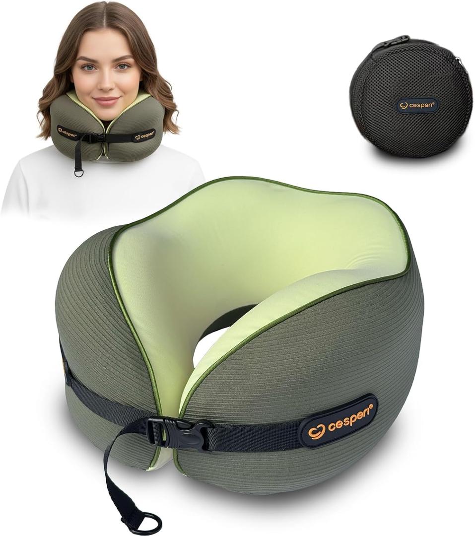 Cesperi Travel Neck Pillow for Airplanes, Ergonomic Design for Petite Neck, Airplane Neck Pillow with Memory Foam, Travel Essentials for Flights, Car Rides, and Home Rest, Small (Avocado Green)