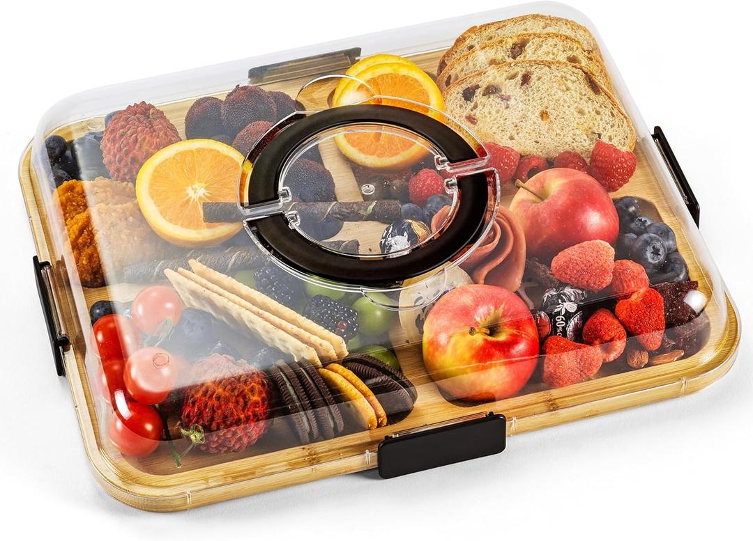 Charcuterie Board with Clear Locking Lid, Portable Travel Cheese Board & Snack Tray with Handle, 6Compartment Charcuterie Boards, Reversible Cutting Board for Parties, Potlucks, Housewarming Gifts