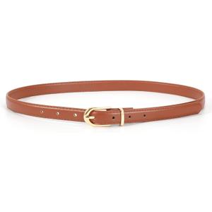 JASGOOD Womens Thin Leather Belt Skinny Faux Leather Belt for Jeans Dress with Gold Alloy Buckle, Brown/ Fit Waist Size 31-37 inch