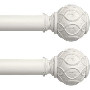 Wolistsa 2 Pack Antique White Curtain Rods for Windows 30 to 56 Inch, Adjustable Vintage Decorative 1 Inch Heavy Duty Curtain Rod, Rustic Farmhouse Drapery Pole with Boho Netted Texture Flower Finials