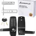 Mechanical Entry Keypad Door Handle Lock with Key,Auto-Locking Push Button Code Door Knob Lock,Single Sided Combination & Interior Hold-open Lever,for Front Gate,Garage,Office,Matte Black