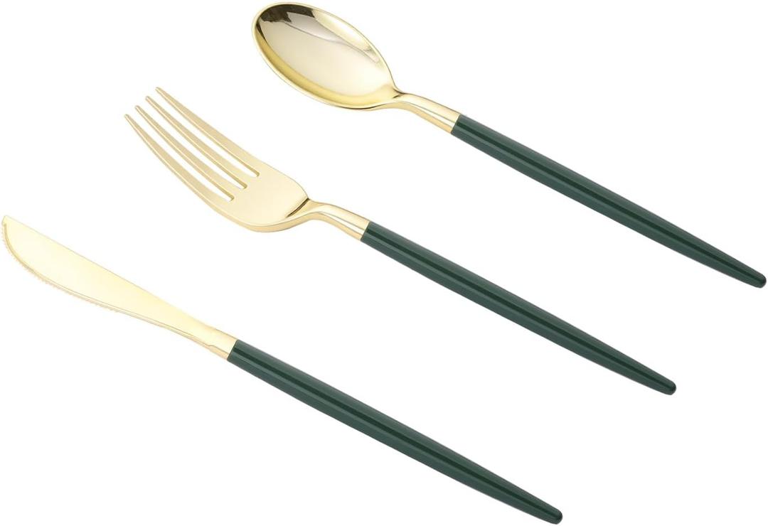 Goodluck 90 PCS Green Gold Plastic Silverware Set for 30 Guests,30 Knives, 30 Forks and30 Spoons, Food-grade material free of BPA, Gold Plastic Cutlery Ideal for Weddings, Birthdays, Graduation