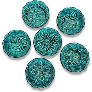 Handmade Decorative Turkish Ceramic Mini Pinch Bowls Set of 6 Small Dipping & Serving Sauce Bowls, Green Charcuterie Accessories, Hand-Painted Floral Pattern Snack Dishes for Kitchen & Table Decor