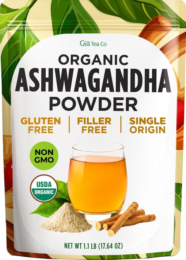 Gya Tea Co Organic Ashwagandha Powder 1.1 lb (17.64 oz) - No Sugar Added, Non GMO, Gluten Free - Great Flavor for Milk, Baking, Drinks, Smoothies & Cakes, Vegan Friendly