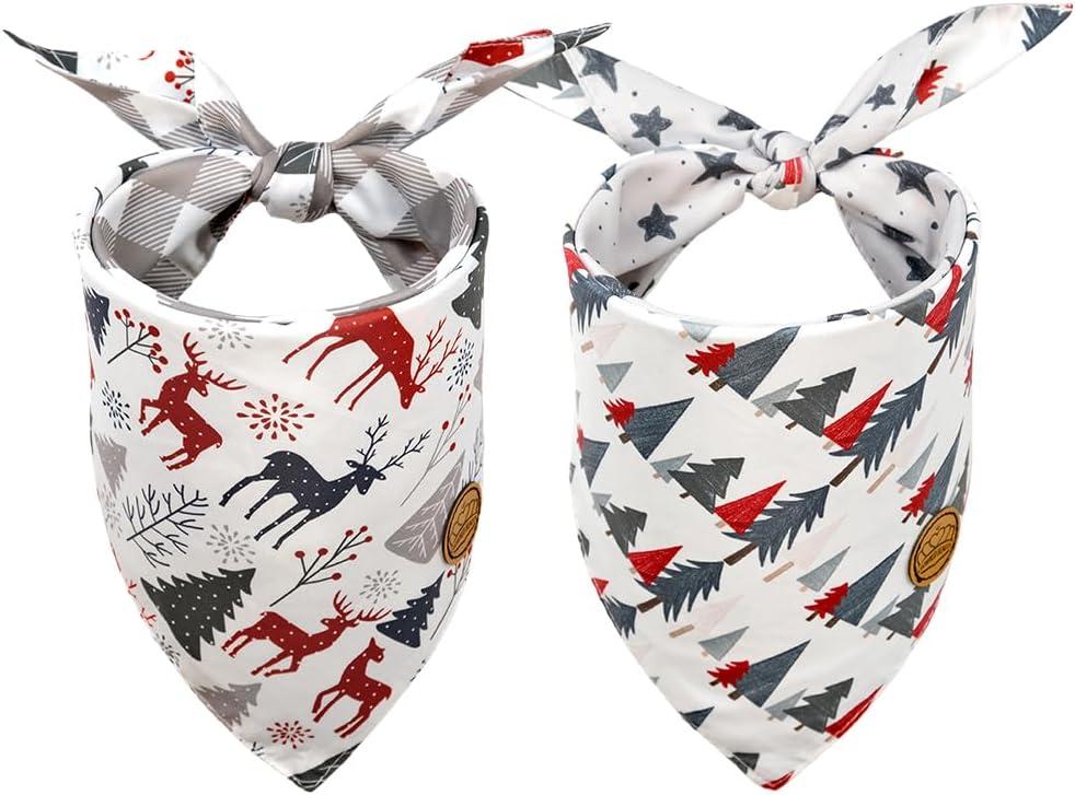 CROWNED BEAUTY Christmas Dog Bandanas Reversible Large 2 Pack, Forest Reindeer Set, Adjustable Triangle Scarves for Medium Large Extra Large Dogs Girl Boy Pets DB85-L