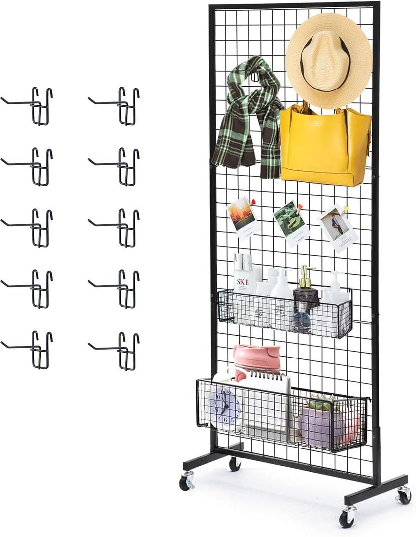 Eastern Tree 1 Pack 2.5'x 6' Three Pieces Grid Wall Panels Stand with T-Base, Black Wire Grid Wall Rack with Wheels, Craft Display Rack, Retail Display, Art Display, Extra More 10 Pieces Hooks