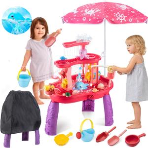 Water Table for Toddlers 3-5 with Umbrella Outdoor Toys for Kids Ages 4-8 Kids Sand Water Table with Fishing Game Set Activity Sensory Table with Water Pump Summer Beach Toys