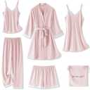 SAPJON Womens Silk Pajama Sets 6Pcs Sexy Satin Robe Sleepwear Set V Neck Lace Cami Shorts Nightgown Loungewear Pink, Small