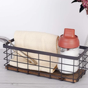 TIEYIPIN Small Metal Wire Storage Basket, Detachable Wood Base Storage Organizer Bin Basket for Kitchen Cabinets, Bathroom, Pantry, Garage, Laundry Room - Brown 