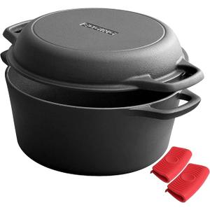 EDGING CASTING 2in1 PreSeasoned Cast Iron Dutch Oven Pot with Skillet Lid Cooking Pan, Cast Iron Skillet Cookware Pan Set with Dual Handles, Indoor Outdoor for Bread/Frying/Baking/Camping/BBQ, 5 Qt