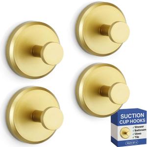 HOME SO Suction Cup Hooks for Shower & Bathroom Towel Holder 4-Pack Suction Cups Hooks for Hanging Towels, Robes, & Coats - Tiles, Glass Door or Mirror Shower Hooks & Towel Hooks Organizer - Gold