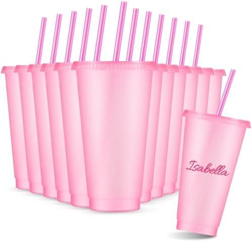 Amyhill 7 Pcs Reusable Glitter Cups with Lids and Straws 24 oz Plastic Tumbler Iced Coffee Cup Travel Mug for Smoothie Juice Sleepover Wedding Graduation Party Supplies Girl(Light Pink)