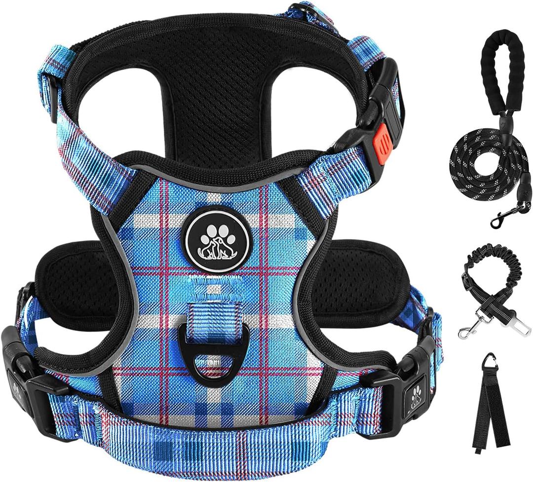 IVY&LANE No Pull Dog Harness with Leash Set, Reflective No Choke Pet Vest,Adjustable Oxford Dog Vest Harness with Easy Control Handle for Large Dogs (Checkered Blue,L)
