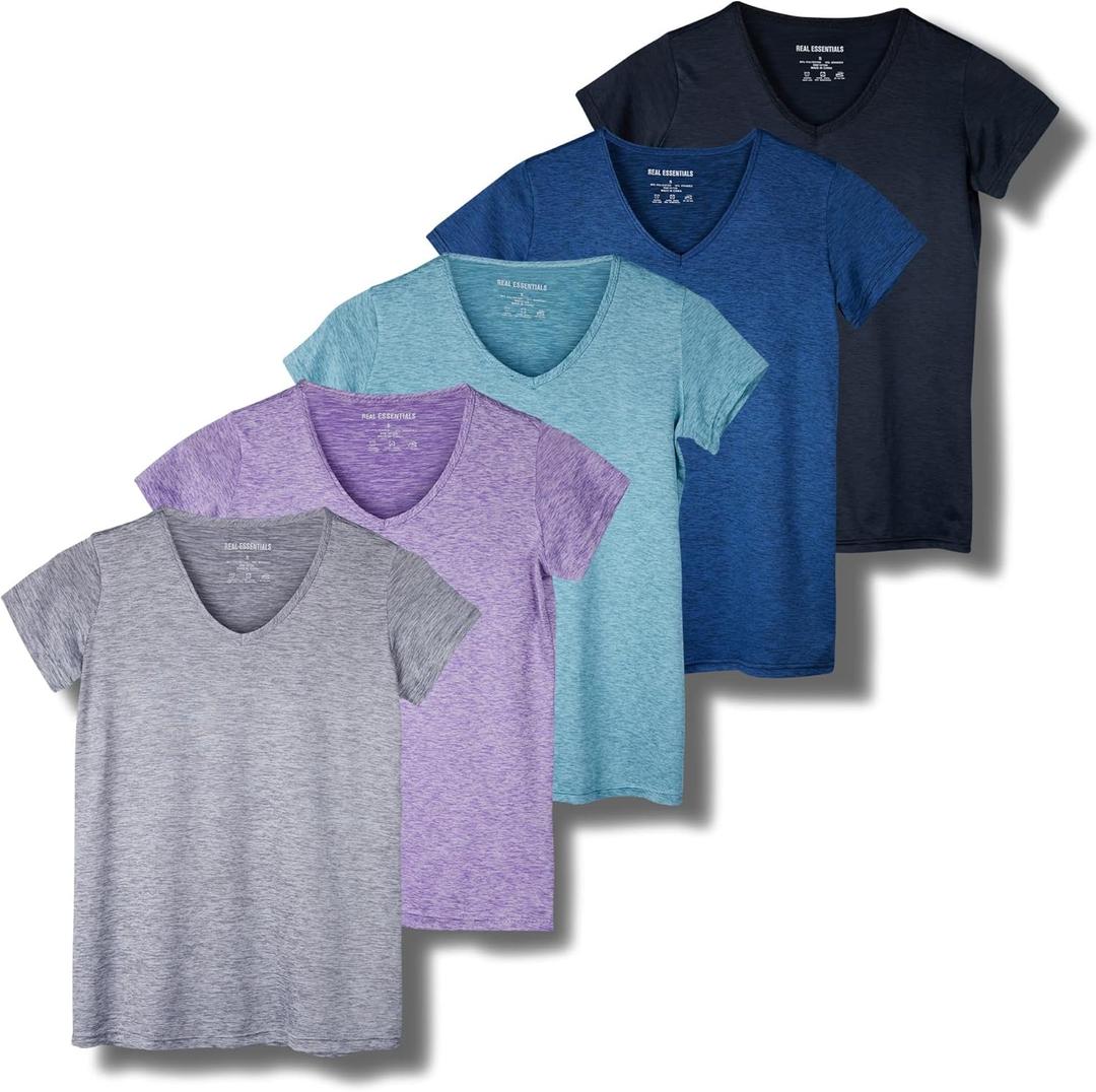Real Essentials 5 Pack: Women's Short Sleeve V-Neck Activewear T-Shirt Dry-Fit Wicking Yoga Top (1X)