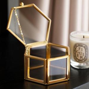 Vintage Glass Jewelry Box - Hexagon Gold Ring Display Box for Storage Ring Earring Trinket Jewelry, Creative Wedding Ring Holder for Proposal Engagement U2-GRB001 (Small)