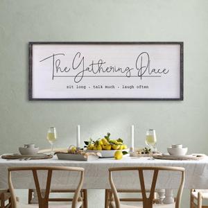 The Gathering Place Wall Decor Sign 32"x12" Large Family Dining Room Vintage Wooden Framed Country Farmhouse Simple And Rustic Hanging For Kitchen Home Wall Art Decoration (Black)