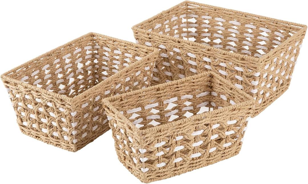 OIAHOMY Wicker Storage Baskets, Paper Rope Shelf Bins, Decortive Baskets for Organizing, Set of 3-Yellow & White (Medium)