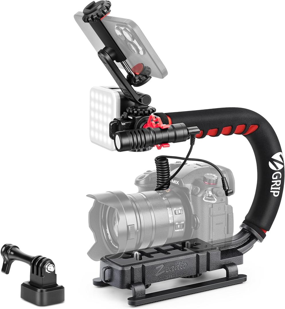 Zeadio Camera Stabilizer Kit, All-in-One Handheld Stabilizer with LED Video Light, Microphone, Phone Holder & Action Camera adaper, Fits for All Camera, DSLR, Action Camera and All Smartphones