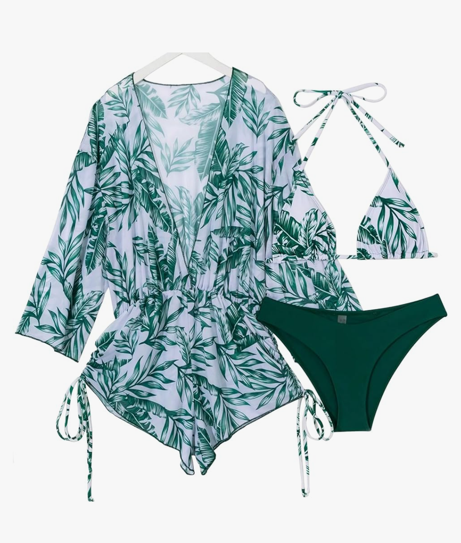 Women's 3 Piece Swimsuit with Cover Up Sexy Triangle Bikini Set Bathing Suit Beach Coverup XL