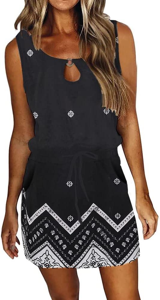 SAUKOLE Womens Summer Causal Loose Sleeveless Crew Neck Drawstring Waist Mini Short Dress with Pockets (Large)
