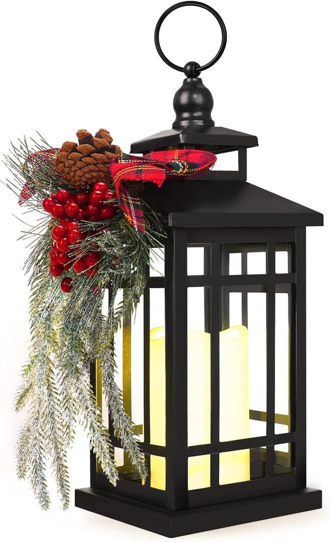 Metal Christmas Vintage Candle Lanterns with Led Light, Red Ribbon Decorative Hanging Lantern for Indoor Outdoor Decorations Party Gift, Christmas Porch Decor, WOKEISE