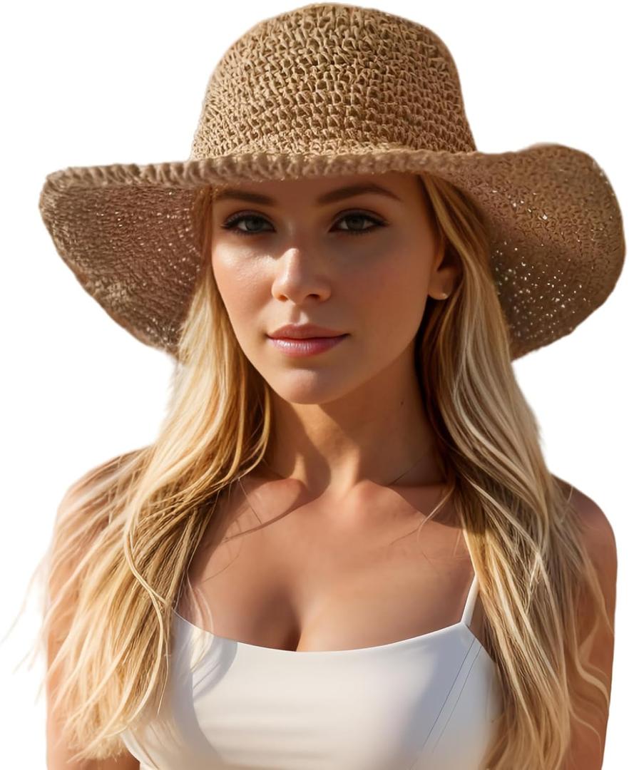 Floppy Big Beach Straw Hats for Women Foldable Summer Wide Brim Packable Sun Hat Womens Travel Straw Fedora Hat (7 1/8-7 1/4, Khaki-4)