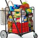 DWVO Super Jumbo Folding Shopping Cart Heavy Duty, Rolling Foldable Grocery Cart with Wheels, Portable Collapsible Utility Cart with Double Basket for Shopping Groceries Laundry Storage