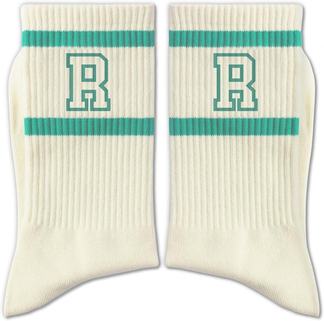 Forest Green and White Striped Crew Socks with the Letter Classic Varsity Sports Style Monogram Socks (Beige)