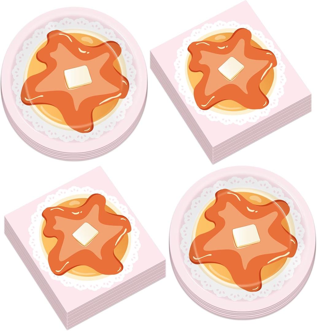 50PCS Pancakes and Pajamas Birthday Party Plates Napkins Girls Pink Night Sleepover Disposable Dessert Cake Dinnerware Breakfast Pajama Table Supplies for Brunch Slumber 25 Guests Parties Decorations