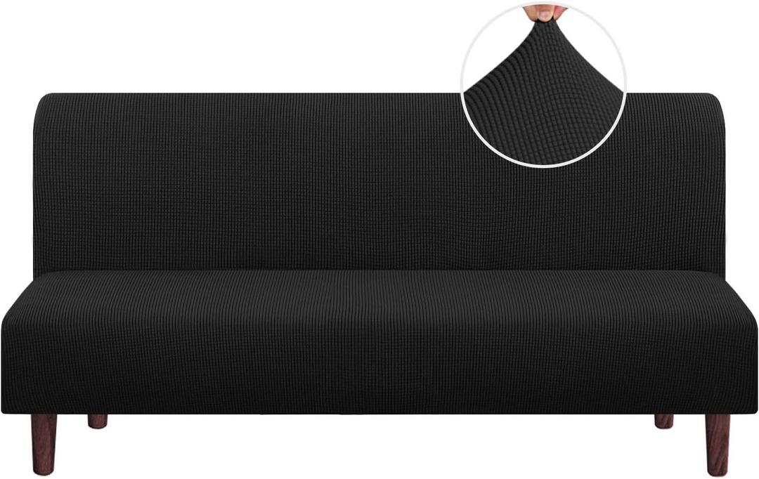 PrinceDeco Stretch Armless Futon Cover Futon Slipcover Full Queen Size Futon Couch Sofa Cover Bed Cover Furniture Protector with Elastic Bottom, Checked Pattern Jacquard, Black