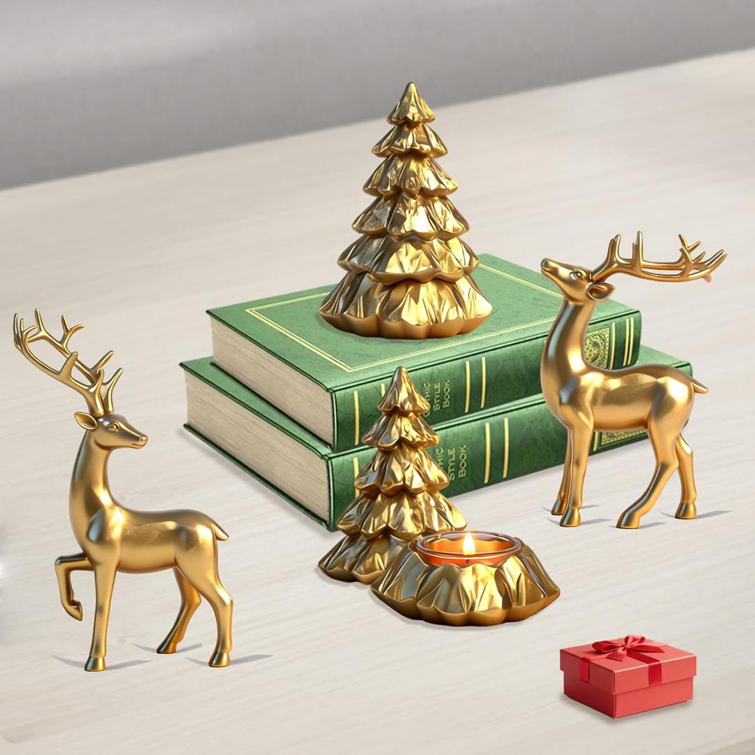 upbema Gold Christmas Reindeer Figurines 4 PCS Resin Tree Decor Indoor Xmas Collectible Deer Decorations Cute Holiday Ornament with 2pcs Tealights for Table Home