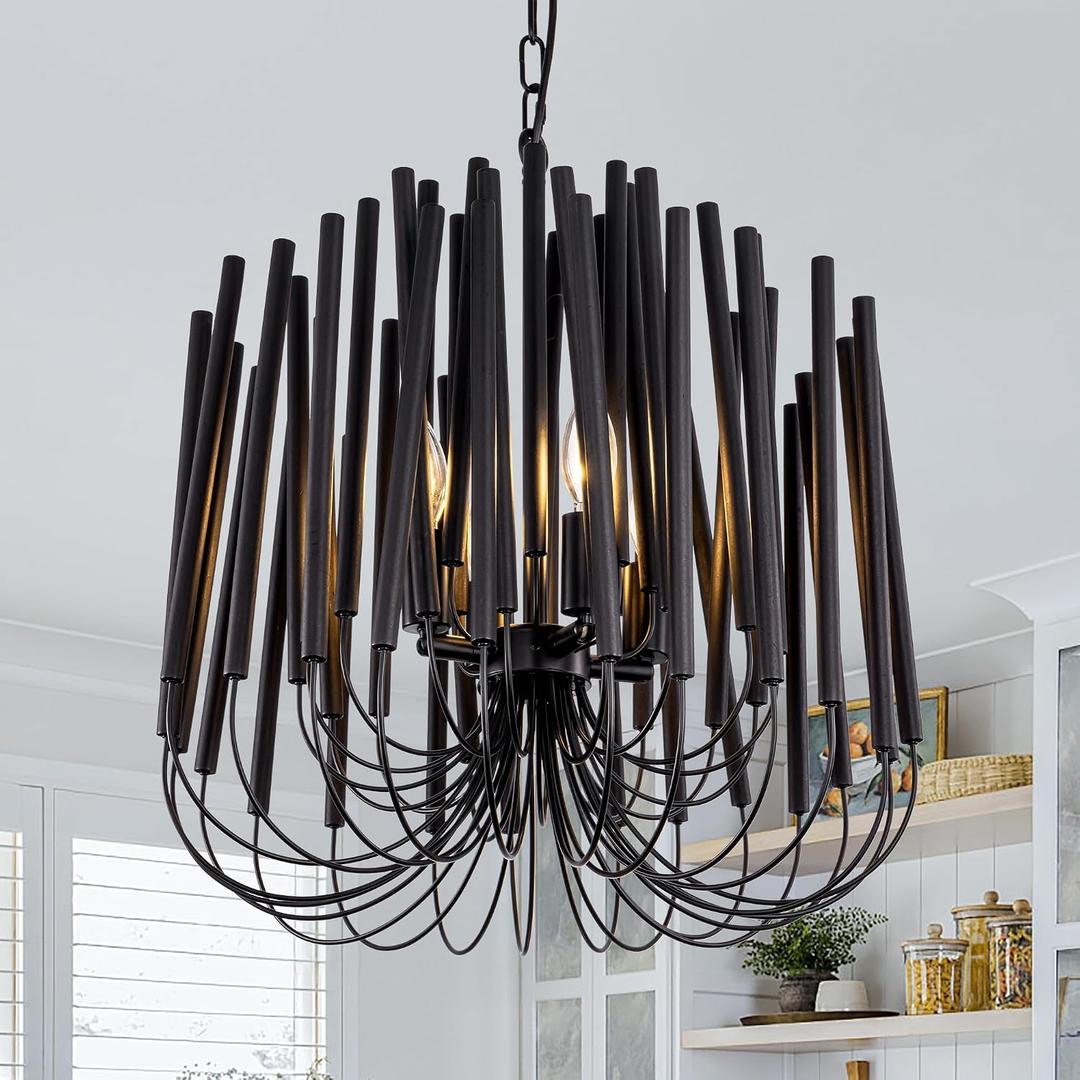 TOCHIC Modern Farmhouse Chandelier for Dining Room 18", Small Vintage Black Wood Chandeliers Light for Living Room, Rustic Pendant Lighting Fixture Ceiling Hanging for Foyer Bedroom Entryway