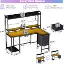 54" Computer Desk with Shelves and Drawers, Gaming Desks with Hutch | 3 Fabric Drawers, PC shelf, Small Study Desk with LED Lights and Power Outlets, Reversible Design, Black