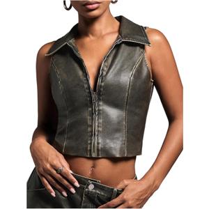SHENHE Women's Y2k PU Leather Zip Up Crop Tank Vest Sleeveless Biker Moto Punk Jacket Top (Medium, Black)