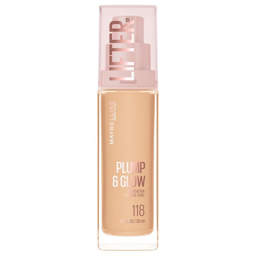 Maybelline Lifter Plump & Glow Foundation, Liquid Foundation with 2% Niacinamide + Hyaluronic Acid, Plumping and Brightening Face Makeup, 118, 1 Count