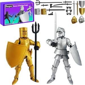 (Pre-Assembled Medieval Knight Magnetic Action Figure, 5.5'' Height, Stop Motion Figure, Full Body Activity Robot (Gold+Silver)