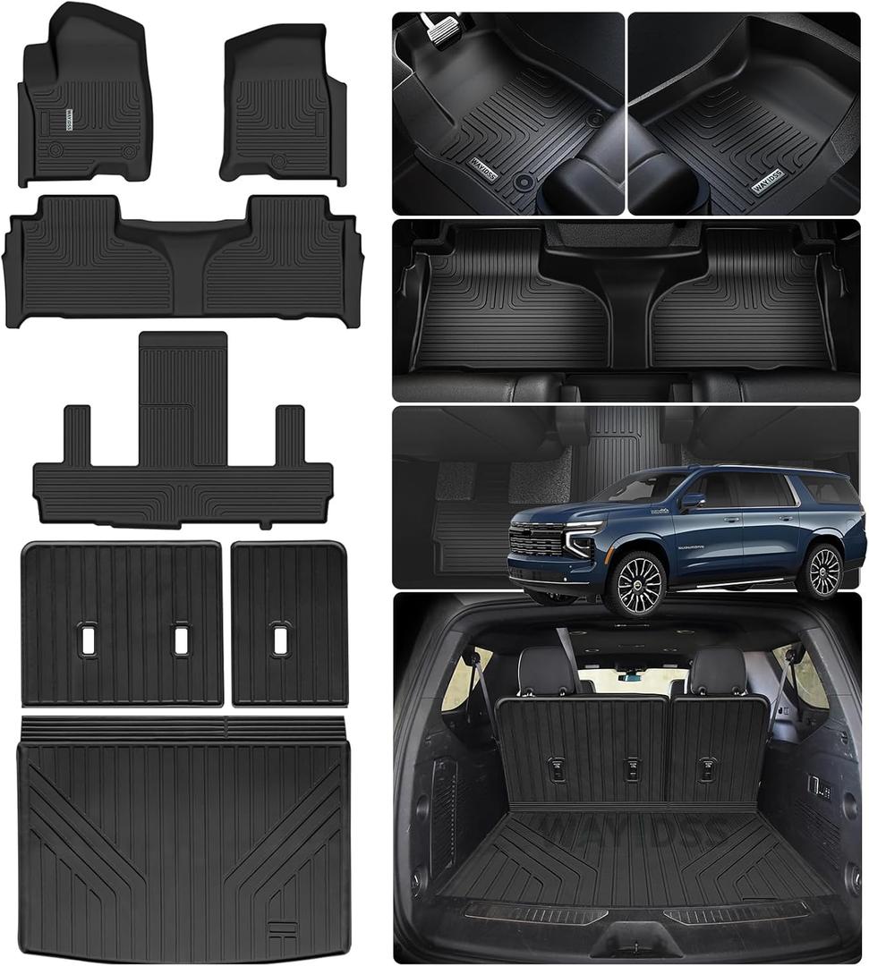 Floor Mats & Trunk Mat & Backrest Mat for 2021-2025 Chevy Chevrolet Suburban 7 Seats-2 Row Bucket Seat/GMC Yukon XL (Non Short),Car Floor Liners with Cargo Liner