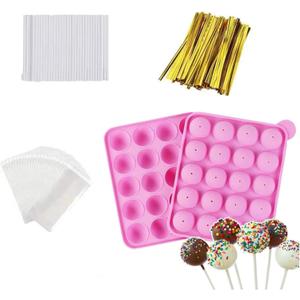 20-Cavity Silicone Cake Pop Mold Set With Lollipop Sticks, Treat Bags, Twist Ties - For Cake Pops, Lollipops, Hard Candy, and Chocolate