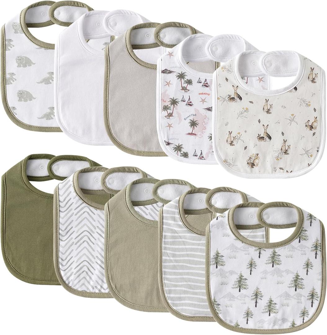 10 Pack Cotton Snap Bibs for Baby Boy Girl, Super Soft Drool Bibs for Teething and Feeding